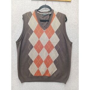 Van Heusen Sweater Vest Mens L Brown‎ Argyle Cotton Preppy Golf Classic Preppy